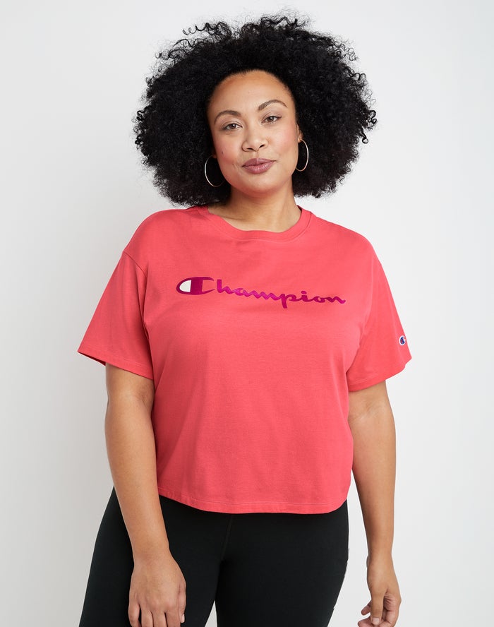 Champion Womens T-Shirt NZ - Plus Cropped Script C Logo Coral ( 7291-DONWM )